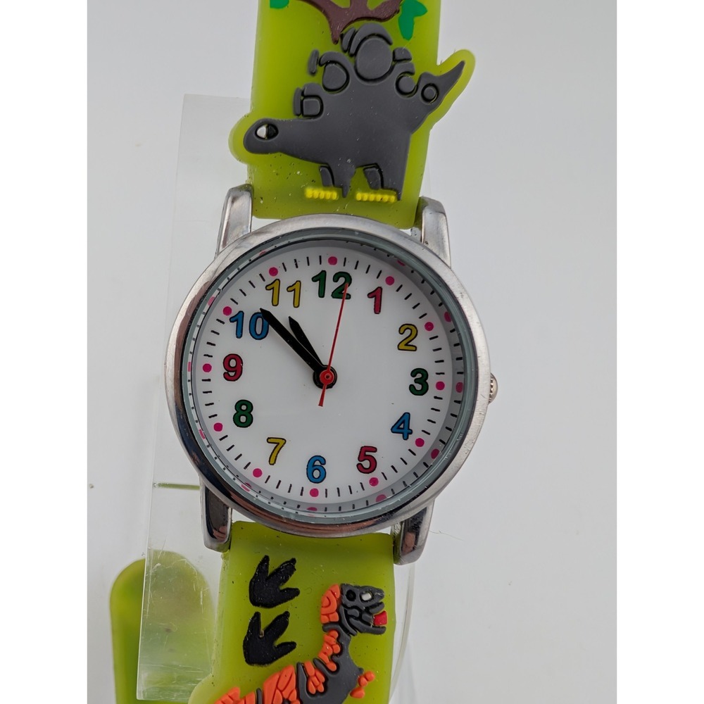 Kids Dinosaur Watch Silver 27mm Case Green Silicone Band- New Battery